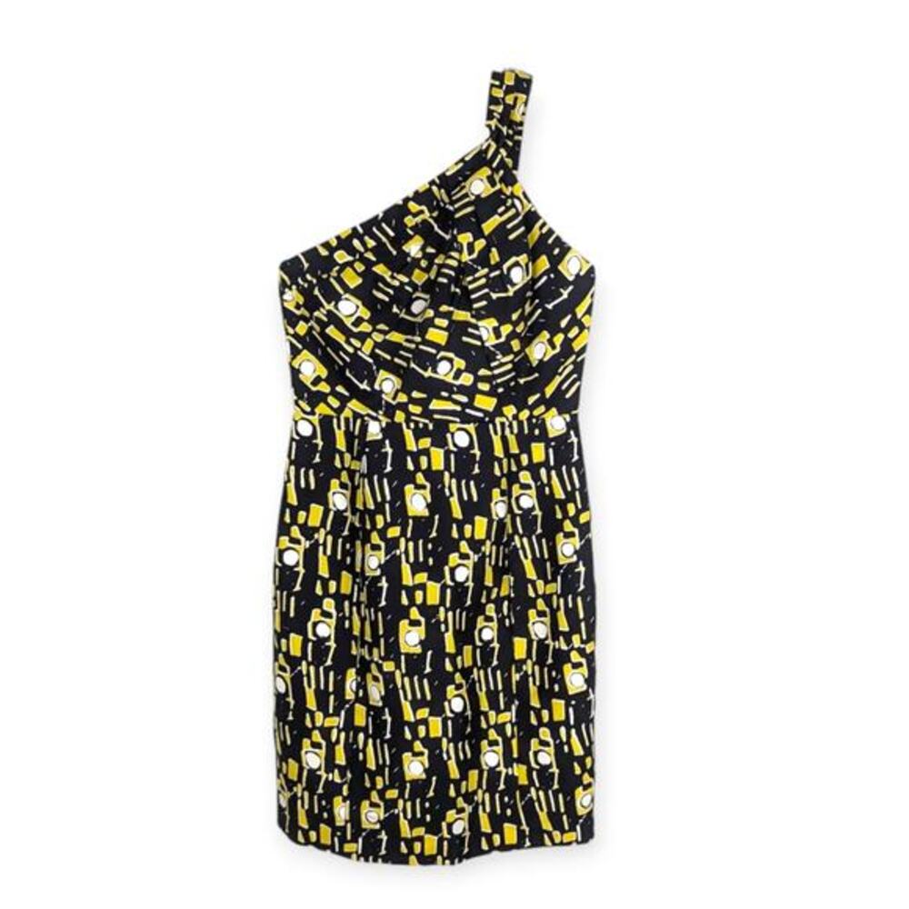 Milly Black Yellow One Shoulder Geometric Silk Blend Mini Dress Size 8 Artsy
